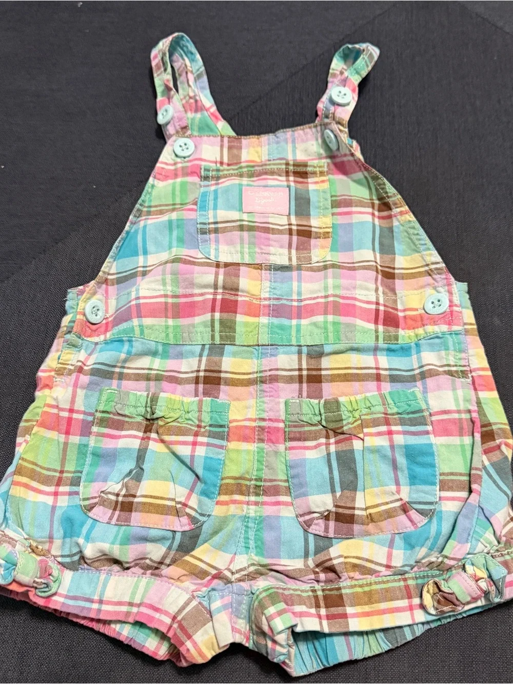 OshKosh B'gosh Pastel Plaid Short Overalls Sz 24M Vintage Y2K Bubble
